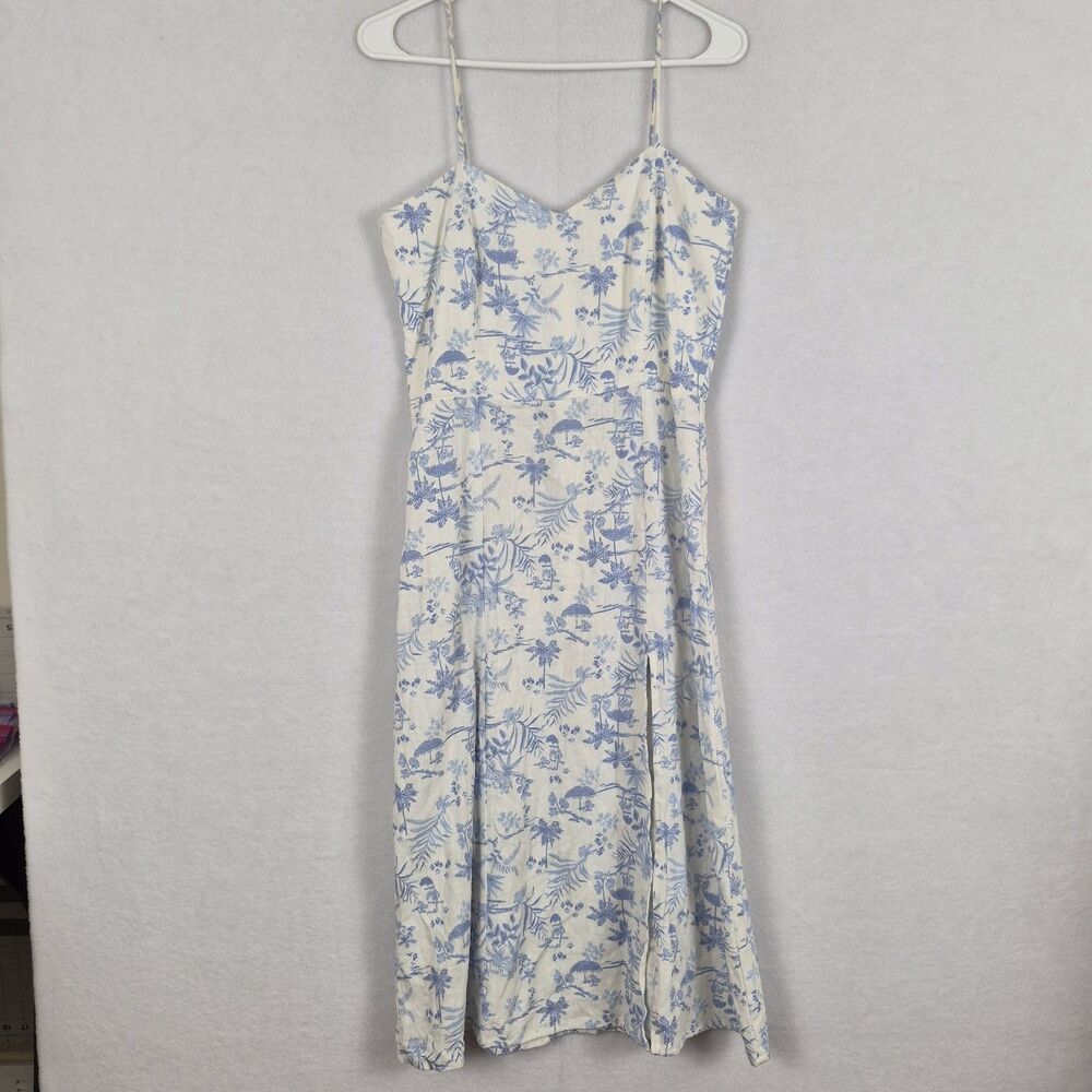 Francescas Mi Ami Midi Dress Small Womens Linen Smocked Back White Blue Cottage